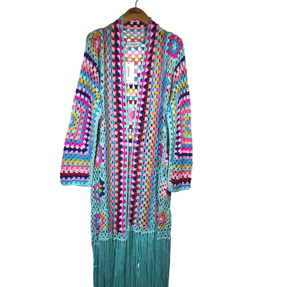 Loragal Crochet Duster Cardigan Womens One Size Multicolor New Fringe Boho